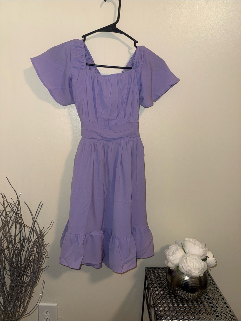 Lavender Flutter-Sleeve Midi Dress